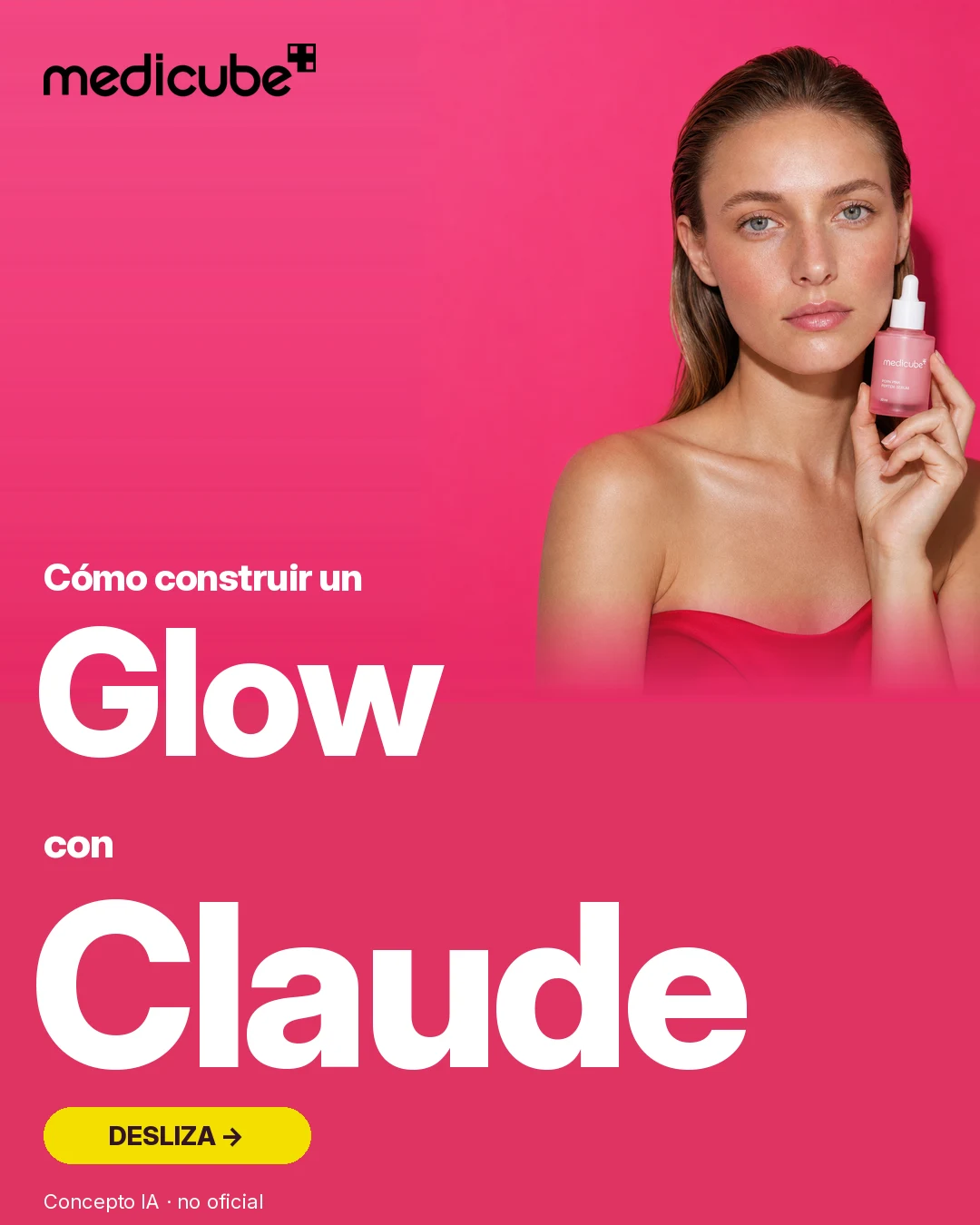 Portada Medicube con mujer adulta ficticia y sérum rosa; concepto IA no oficial