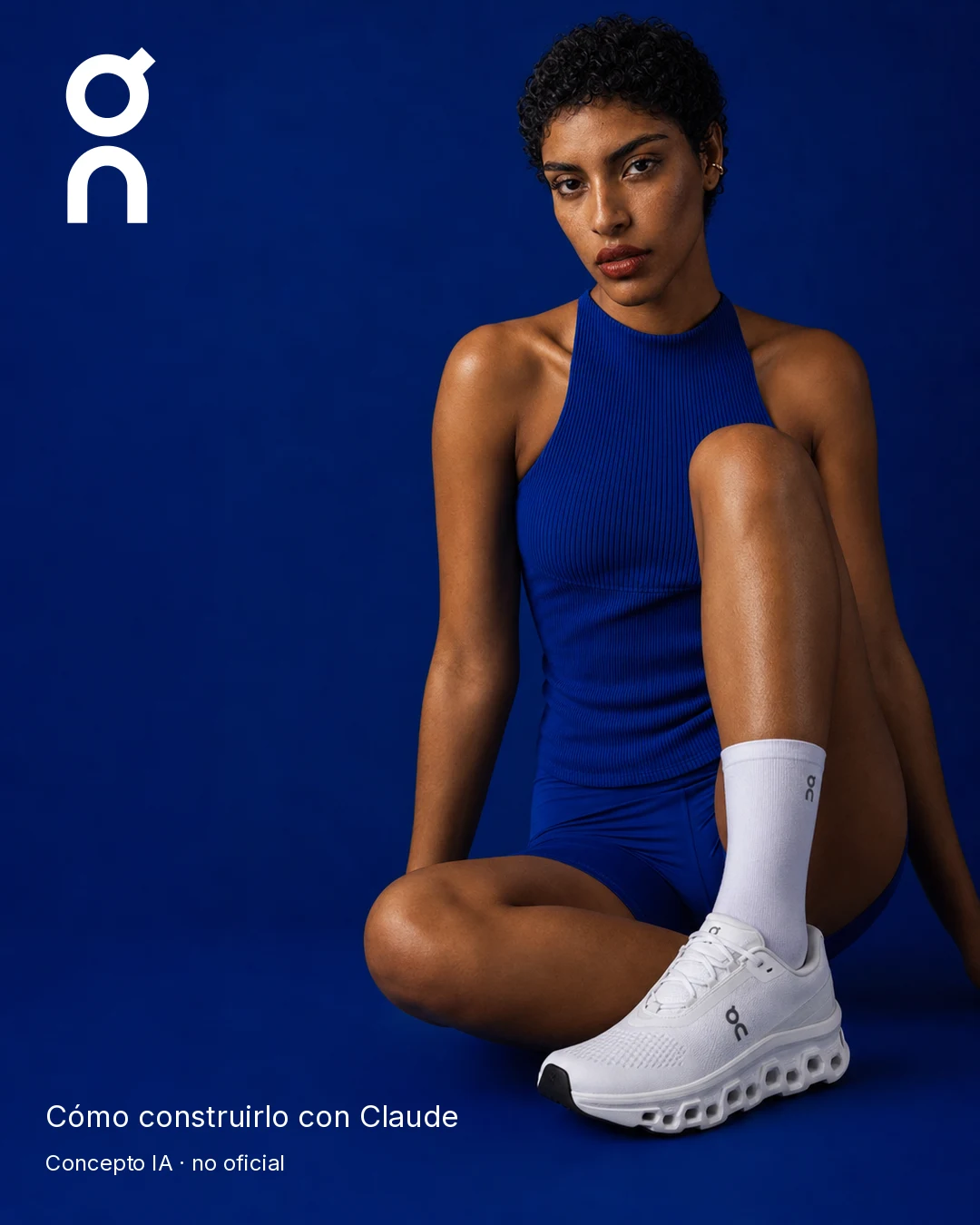 Portada del carrusel On: mujer adulta ficticia con ropa cobalto y tenis blanco, concepto IA no oficial