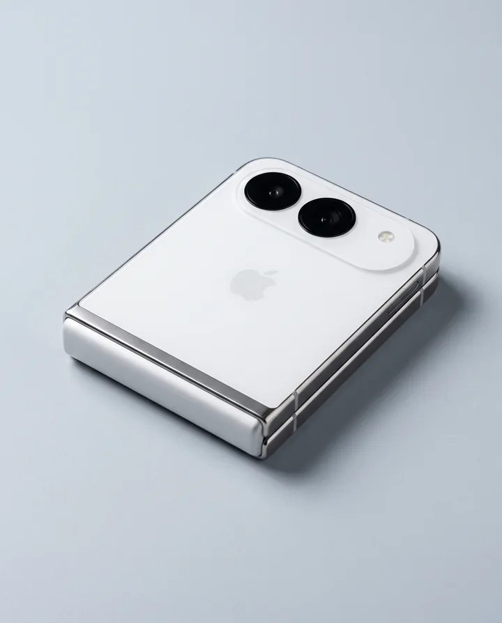Concepto de teléfono plegable sobre fondo gris; imagen generada con IA.