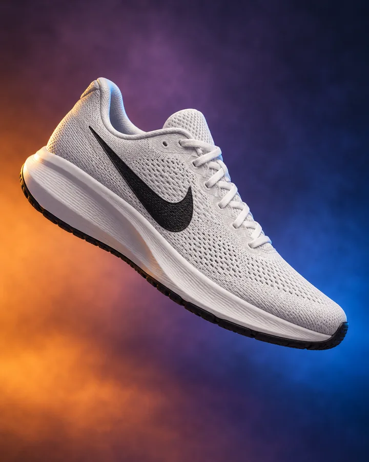 Tenis Nike suspendido entre luz naranja y azul; imagen generada con IA.