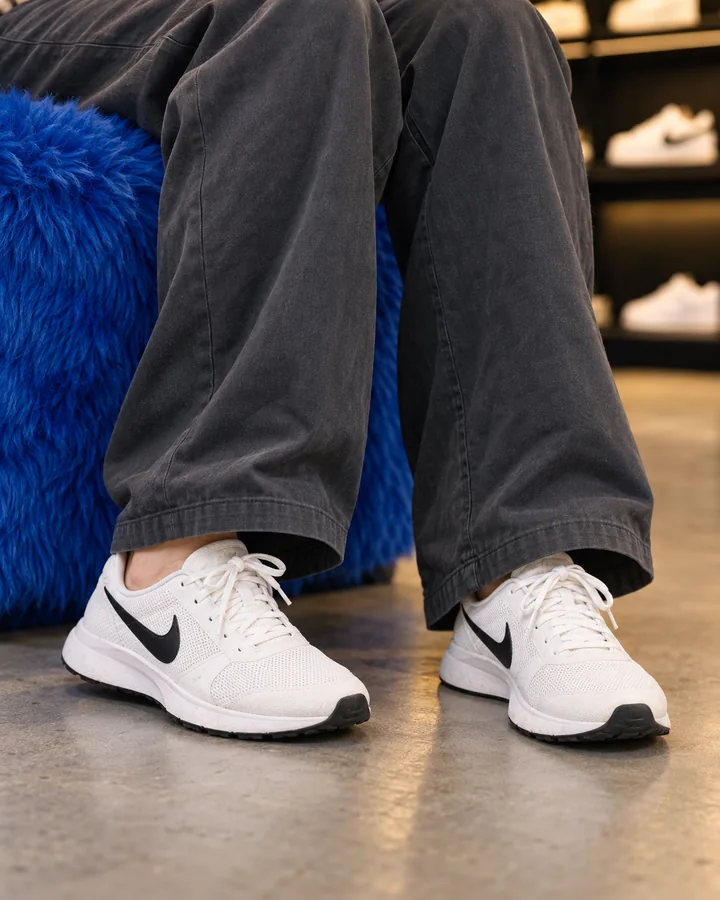 Detalle de tenis y pantalón en el showroom; imagen generada con IA.